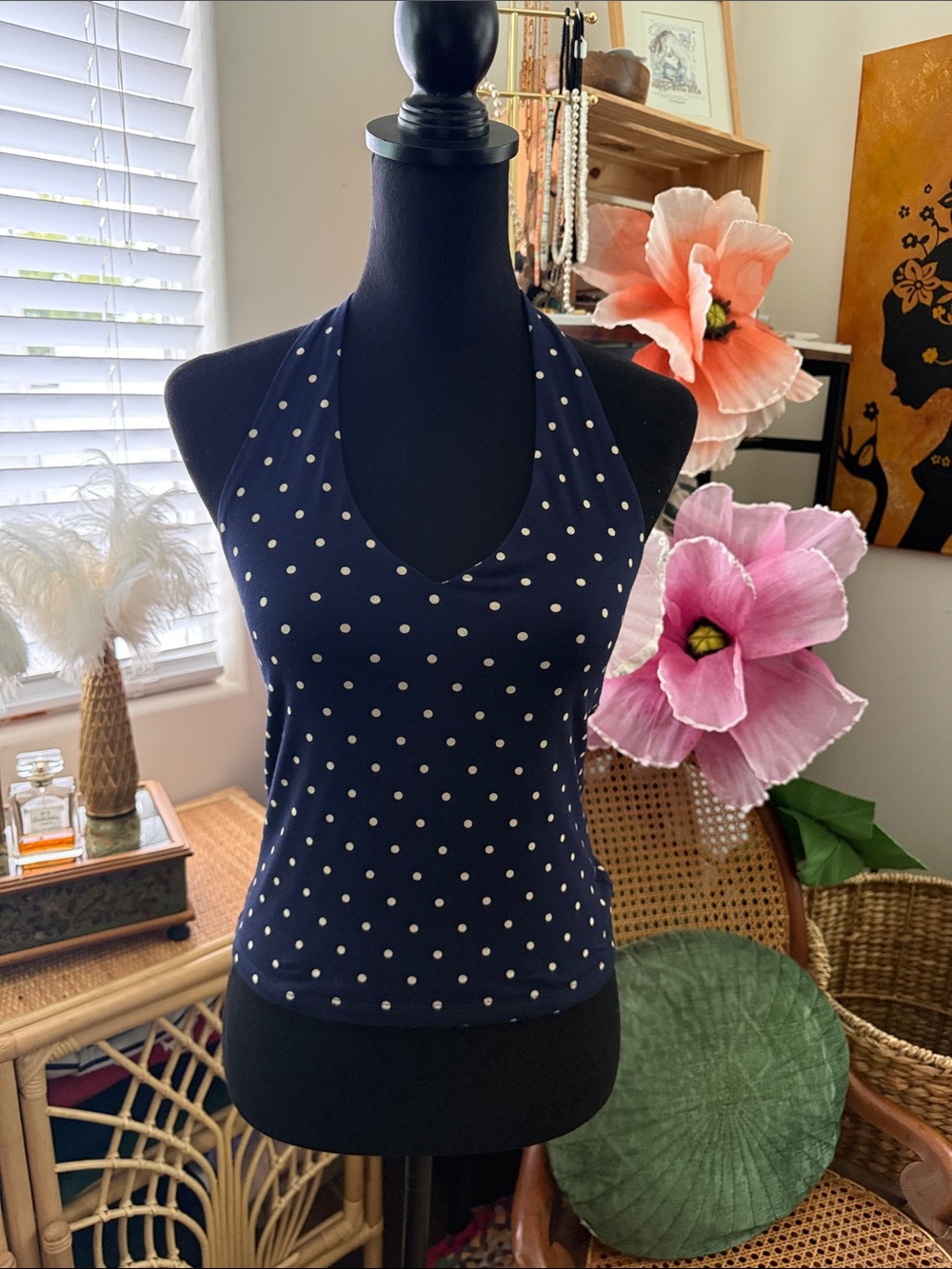 Gap Closeknit Navy Polka Dot Open Back Marilyn Pin Up Halter Tank Top